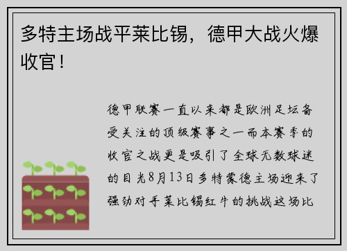 多特主场战平莱比锡，德甲大战火爆收官！